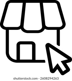 Online store icon with cursor pointer in outline style for ecommerce, digital market, or shopping