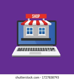 online store icon - laptop and shop building.Conceptual vector illustration in flat style design.Isolated on background.