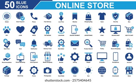 Online Store Icon Set Collection. Containing global, store, top brand, shopping bag, price, security, phone, done payment, online shop, best seller, package, web. Simple Blue Vector Illustration.
