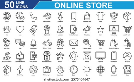 Online Store Icon Set Collection. Containing global, store, top brand, shopping bag, price, security, phone, done payment, online shop, best seller, package, web. Simple Line Vector Illustration.