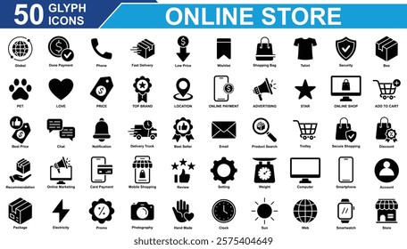 Online Store Icon Set Collection. Containing global, store, top brand, shopping bag, price, security, phone, done payment, online shop, best seller, package, web. Simple Glyph Vector Illustration.