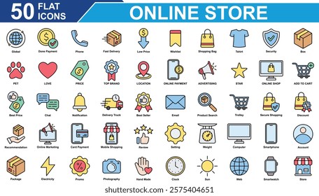 Online Store Icon Set Collection. Containing global, store, top brand, shopping bag, price, security, phone, done payment, online shop, best seller, package, web. Simple Flat Vector Illustration.