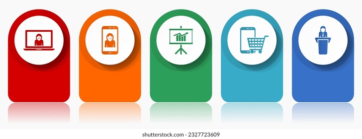 Online store icon set, miscellaneous vector icons such as customer service, seminar, cart and learning, modern design infographic template, web buttons in 5 color options