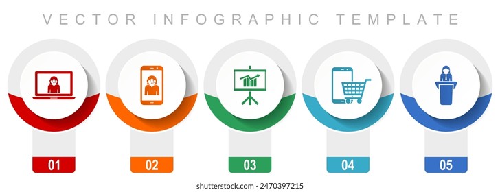 Conjunto de iconos de la tienda en línea, varios iconos vectoriales como Servicio al cliente, seminario, Carrito y aprendizaje, Plantilla infográfica de diseño moderno, Botones de Web en 5 opciones de color