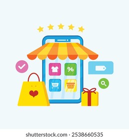  Icono de tienda en línea con un teléfono inteligente, bolsa de compras y varios símbolos de comercio electrónico. Cuenta con estrellas de calificación y artículos de compras, ideal para App de compras en línea y servicios de comercio electrónico.