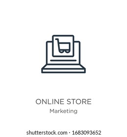 Icono de tienda en línea. Icono de esquema lineal delgado de tienda en línea aislado en fondo blanco de la colección de marketing. Signo vectorial de línea, símbolo para web y móvil
