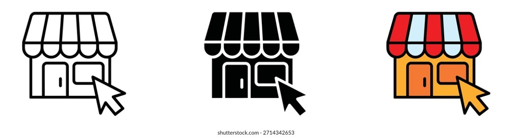 Vector de ícono de la tienda en línea. Hacer clic y símbolo local de la tienda. Ilustración vectorial.