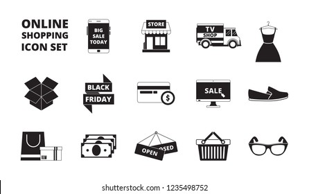 Online store icon. Web shopping online pay cards money and discount cards retail markete-commerce products vector black symbols