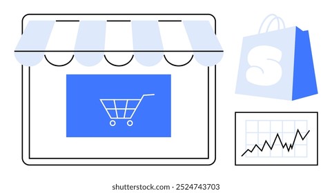 Ícone de loja online com toldo branco ícone de carrinho de compras azul saco de compras com S, gráfico com crescente linha de tendência ideal para e-commerce online shopping digital marketing vendas análise de crescimento