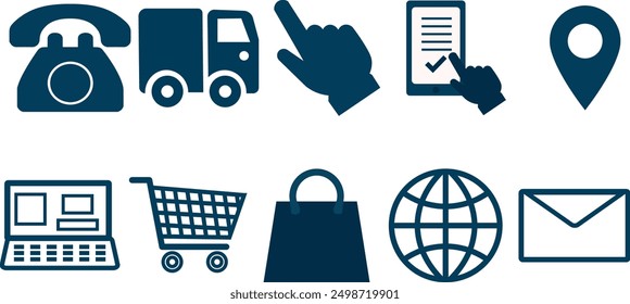 Online store icons, delivery car, phone, arrow, confirmation, location, computer, shopping cart, shopping bag, internet icon, email