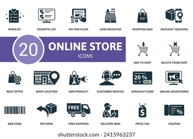 Iconos de la tienda en línea configurados. Iconos creativos: lista de deseos, lista favorita, pago por clic, caja registradora, bolsa de compras, seguimiento de paquetes, añadir al carrito, borrar del carrito, mejor oferta, ubicación de tienda, nuevo producto