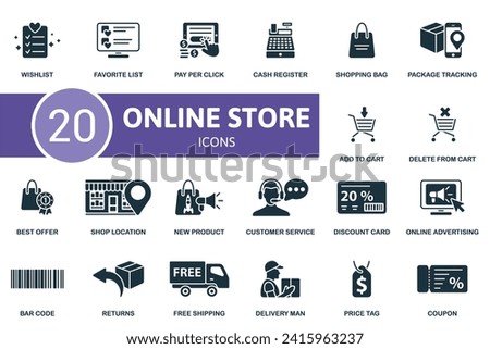 Online store icons set. Creative icons: wishlist, favorite list, pay per click, cash register, shopping bag, package tracking, add to cart, delete from cart, best offer, shop location, new product
