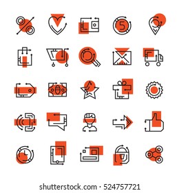 Online store icons. Set of icons for e-commerce websites. Online shopping design. Shopping cart, like button, search icon, wallet, sale sign, contacts, user. Vector set for online selling