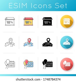 Online store icons set. Internet store. Global shipping. Order international delivery. Event planner. Calender date mark. Linear, black and RGB color styles. Isolated vector illustrations