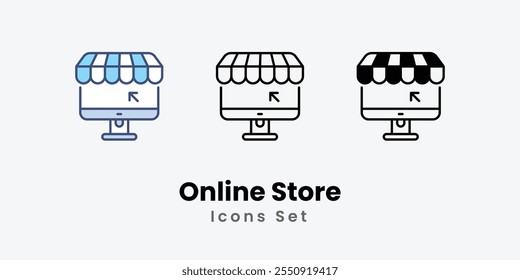 Ícones da Loja Online definir a linha fina e a ilustração do ícone de vetor de glifo