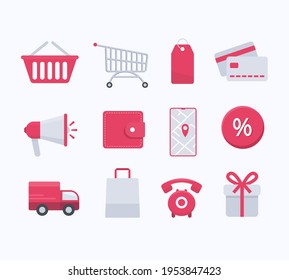 Iconos de la tienda en línea configurados. Iconos planos vectoriales para el sitio web. Carro, teléfono, entrega, mapa, navegación, etc.