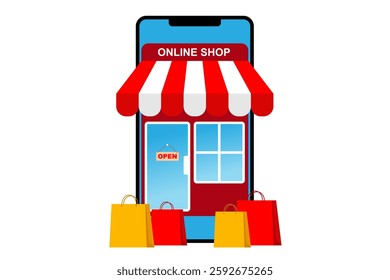 online store illustration, ease of shopping in online stores just by using a smartphone, shopping bag, vector illustration.