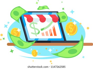Online store illustration with money explode from laptop