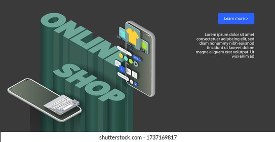 online store interface on the phone screen and large letters in isometrics. Vector banner