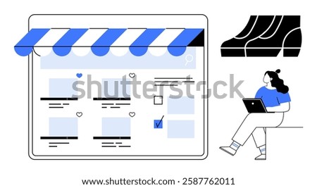 Online store interface with product listings, search bar, and checkboxes. Woman sitting with a laptop reviewing shoe options. Ideal for e-commerce, online shopping, customer behavior, retail