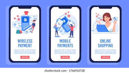 Online store. Internet shop wireless payment services. People making purchases via phone application, laptop paying for order by credit card e-wallet. Presentation onboard mobile screen page set
