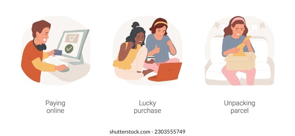 Online store isolated cartoon vector illustration set. Smiling teenager holding bank card, paying online, happy with purchase, ecommerce store, unpacking parcel, order delivered vector cartoon.