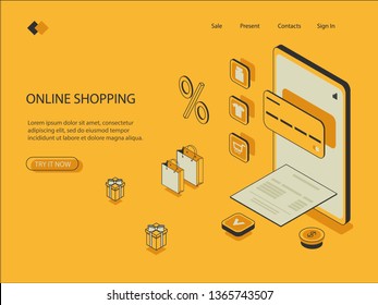 Online store in an isometric icon, mobile phone and credit card visualization on the screen, receipt when paying for goods, discounts, vector.