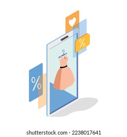 Online store in isometry. The girl makes purchases through a smartphone. Business online. Sale of goods, discounts, sales. Vector illustration.