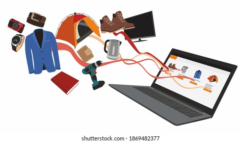 Online store. The item flies out of the laptop. Men's jackets, shoes, electronics, tools, tents are bought through a computer