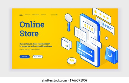 Plantilla de página de inicio de tienda en línea. Banner de diseño de páginas web modernas con iconos azules e información sobre tienda en línea. Aplicación de compra móvil. Pago por compras sin contacto para smartphones