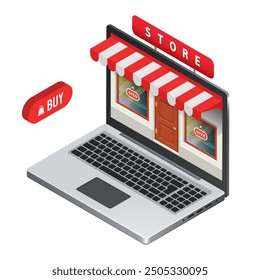 Online store in a laptop. Vector 3D clipart.