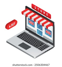 Online store in a laptop. Vector 3D clipart.