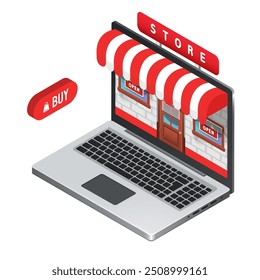 Online store in a laptop. Vector 3D clipart.