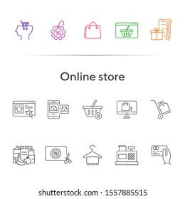 Online store line icon set. Gift, discount, shopping bag, food, clothes. Ecommerce concept. Can be used for topics like internet shopping, buying, commerce