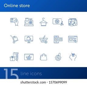 Online store line icon set. Gift, discount, shopping bag, food, clothes. Ecommerce concept. Can be used for topics like internet shopping, buying, commerce
