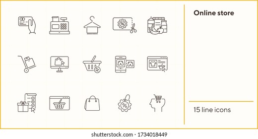 Online store line icon set. Gift, discount, shopping bag, food, clothes. Ecommerce concept. Can be used for topics like internet shopping, buying, commerce