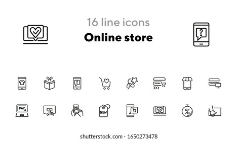 Icono de línea de tienda en línea set.Paquete, pago en línea, aplicación móvil. Concepto de compras. La ilustración vectorial puede utilizarse para temas como compra, compras, supermercado