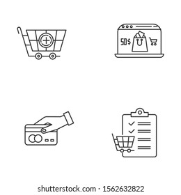 Online store linear icons set. Payment by credit card, writing shopping list. Internet shopping, online store app. Thin line contour symbols. Isolated vector outline illustrations. Editable stroke