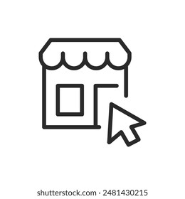 Online store, linear style icon. Cursor and shop with awning. Editable stroke width