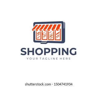 Online store logo design. E commerce vector design. Shop with awning and tablet logotype