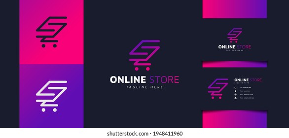 Online Store Logo Design with Shopping Cart as S Initial in Colorful Gradient, Usable for Business or Store Logos