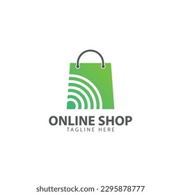 Online Store Logo design template. Wifi and bag icon combination logo design concept. Perfect for sales, discount or shop web elements. Company emblem.