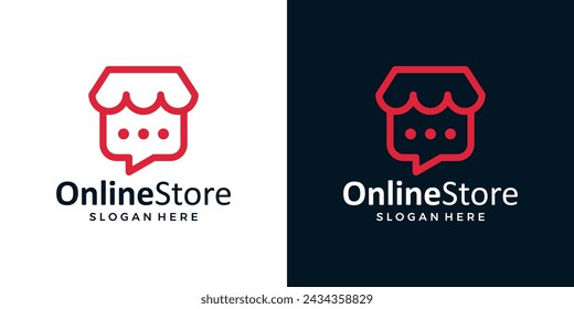 Plantilla de diseño de logotipo de tienda en línea. Tienda de compras con la ilustración de diseño gráfico de burbuja de chat. icono, símbolo, creativo.