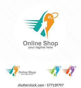 Online store logo design vector. Shopping cart and price tag logo design concept. Price tag logo template.