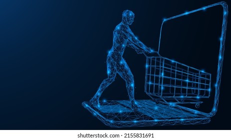 Online store. A man with a shopping cart drives into the laptop monitor screen. Low-poly design of interconnected lines and dots. Blue background.