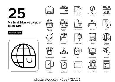 Online Store Management. Inventory, Shopping Basket, and Shipping Icons. E-commerce Business. Vector Illustration.