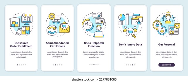 Online store management tips onboarding mobile app screen. Walkthrough 5 steps editable graphic instructions with linear concepts. UI, UX, GUI template. Myriad Pro-Bold, Regular fonts used