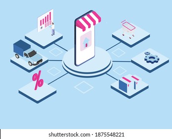 Online store management vector concept. Mobile phone with online store connecting to shopping cart, cogwheel, van, package, and businessman with financial diagram