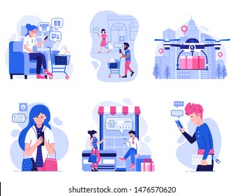 Online store marketing and advertising m commerce scenes with people on shopping. Happy customers sharing positive feedback on smart phones. Woman purchasing with mobile phone on internet store.