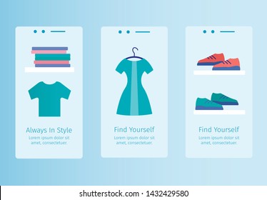 Online store mobile app templates. Internet clothes shop on mobile gadget screen. Find yourself concept. Retail promotion and distribution banner in flat style. Internet business vector illustration.